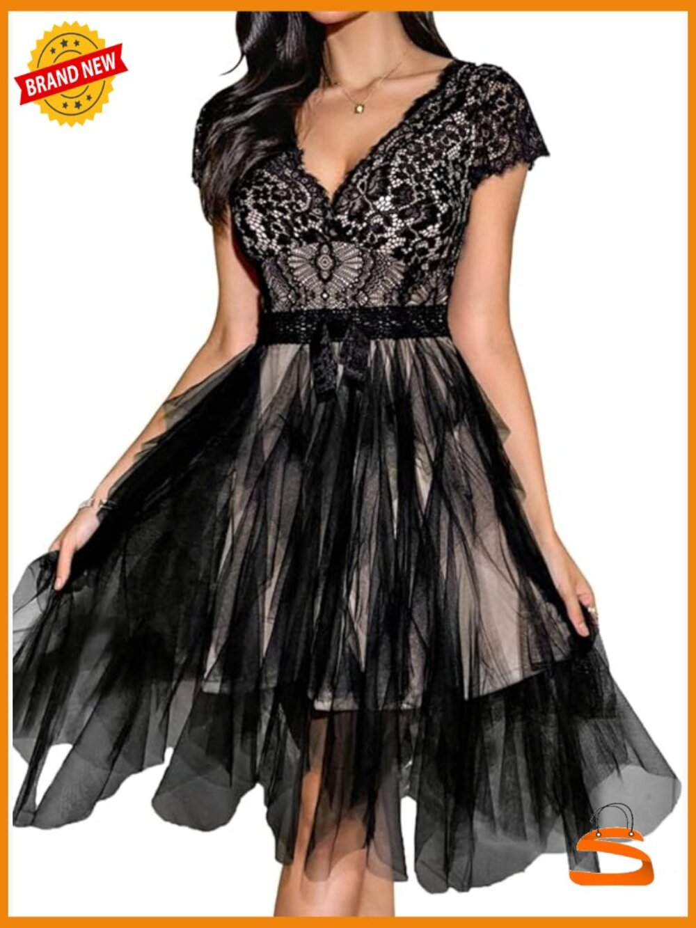 Lace Tulle Fit & Flare Dress, Backless Deep V, Cap Sleeve, Knee Length, Prom